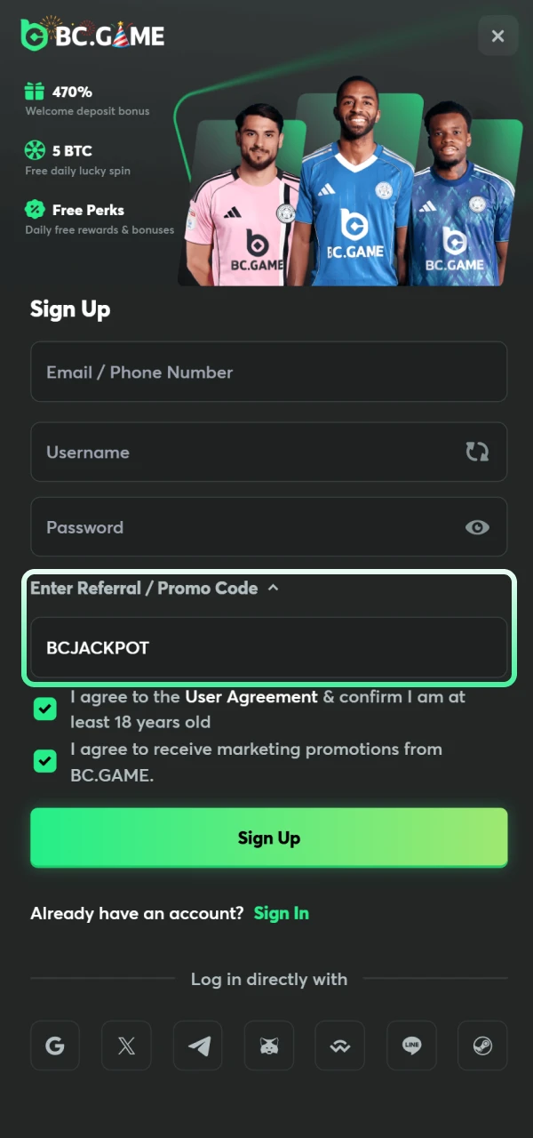 Use the promo code when joining BC Game for Philippines players.