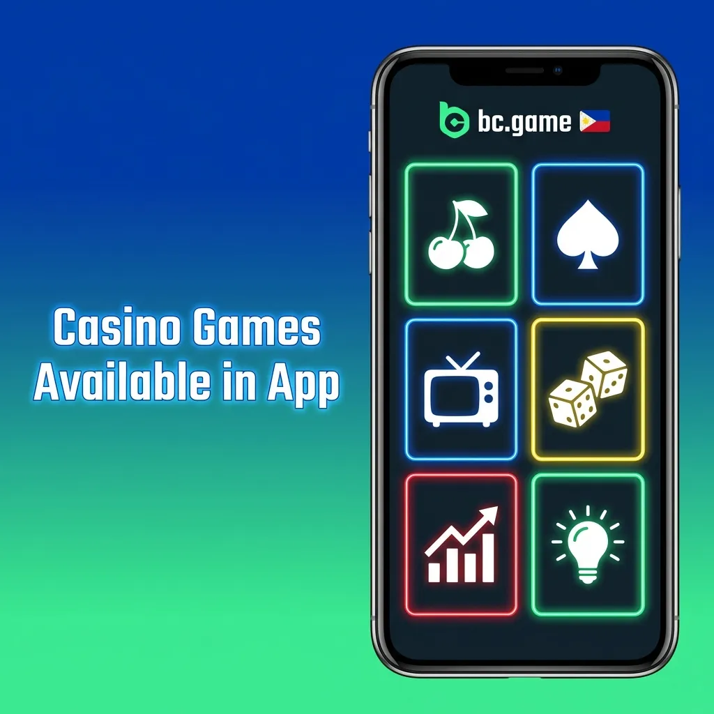 BC Game app interface showing casino game categories including slots, live dealer, table games, and crash games