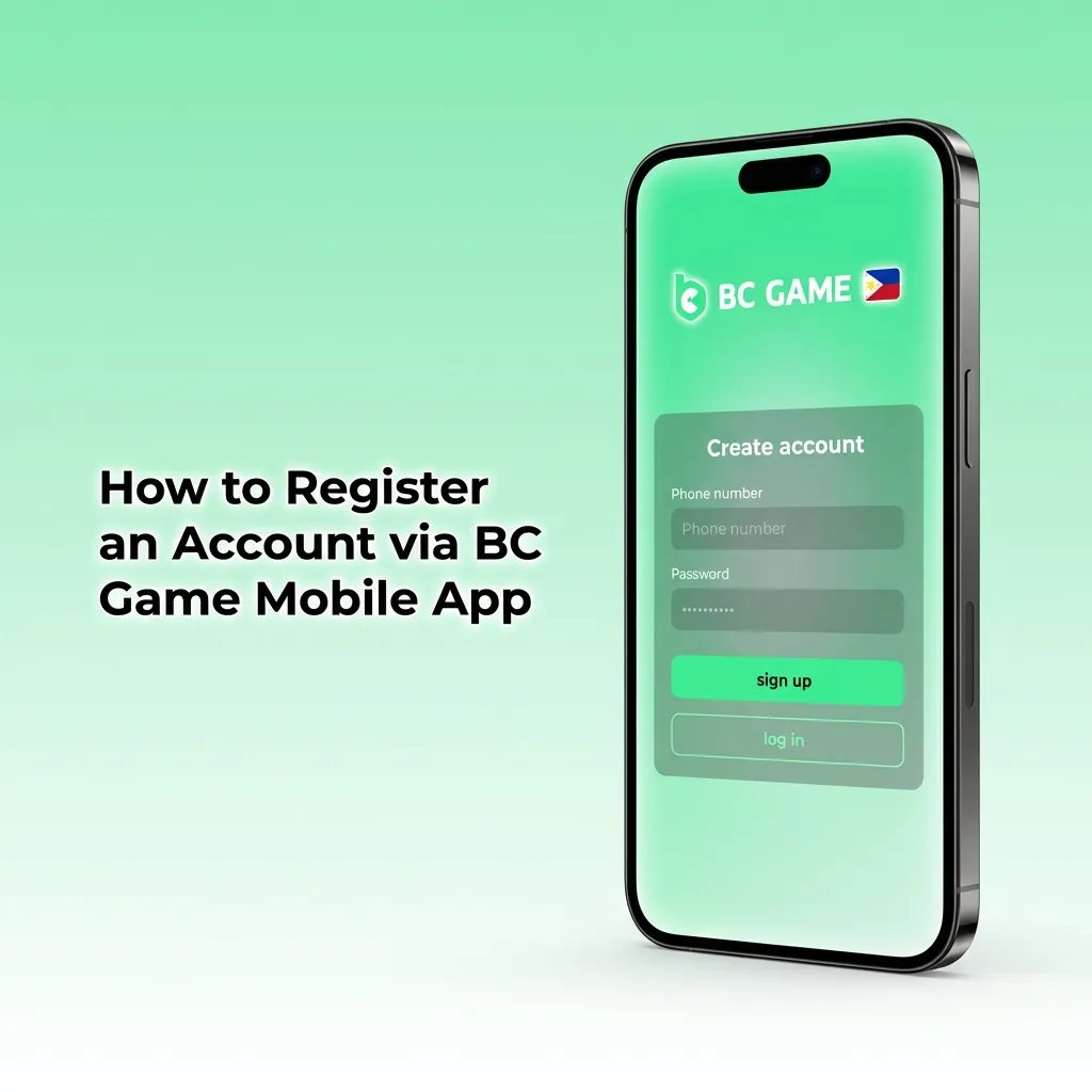 BC Game mobile app registration screen showing sign-up button and account creation form fields